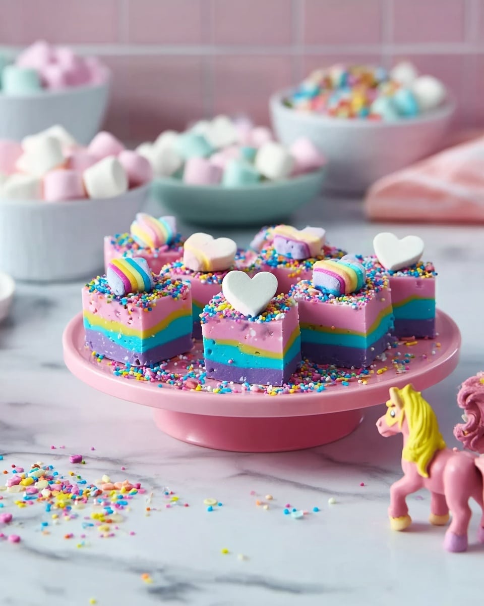 The image shows small square pieces of fudge with three colorful layers: pink at the bottom, blue in the middle, and purple on top. Each piece is decorated with bright multicolored sprinkles and a small white heart or rainbow candy on top. The fudge squares are placed on a round pink stand, with more sprinkles scattered around it. In the background, there are white bowls filled with heart-shaped marshmallows and sprinkles, all set on a white marbled surface. On the right side, two small pink and yellow toy ponies are visible. photo taken with an iphone --ar 4:5 --v 7