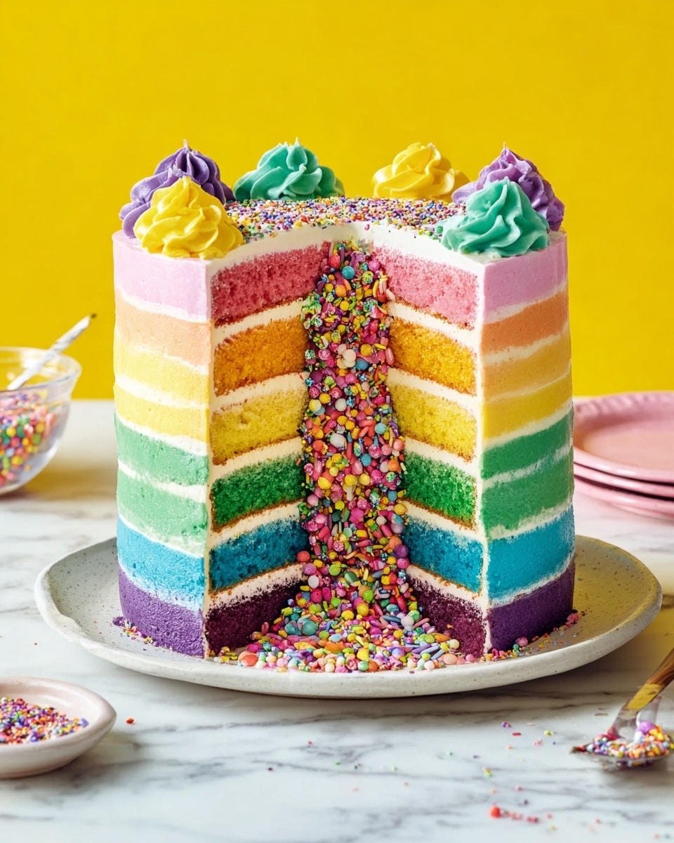 A tall rainbow cake with six colorful layers stacked vertically: purple at the bottom, then blue, green, yellow, pink, and red at the top, each separated by thin white frosting layers. The outside of the cake matches the layers in smooth frosting, decorated on top with rosettes in purple, blue, yellow, green, and pink evenly spaced around the edge. The middle of the cake is hollowed out, showing a tunnel filled with colorful round and long sprinkles spilling onto the white marbled surface. The cake sits on a white plate on a white marbled surface with a yellow background. Photo taken with an iphone --ar 4:5 --v 7