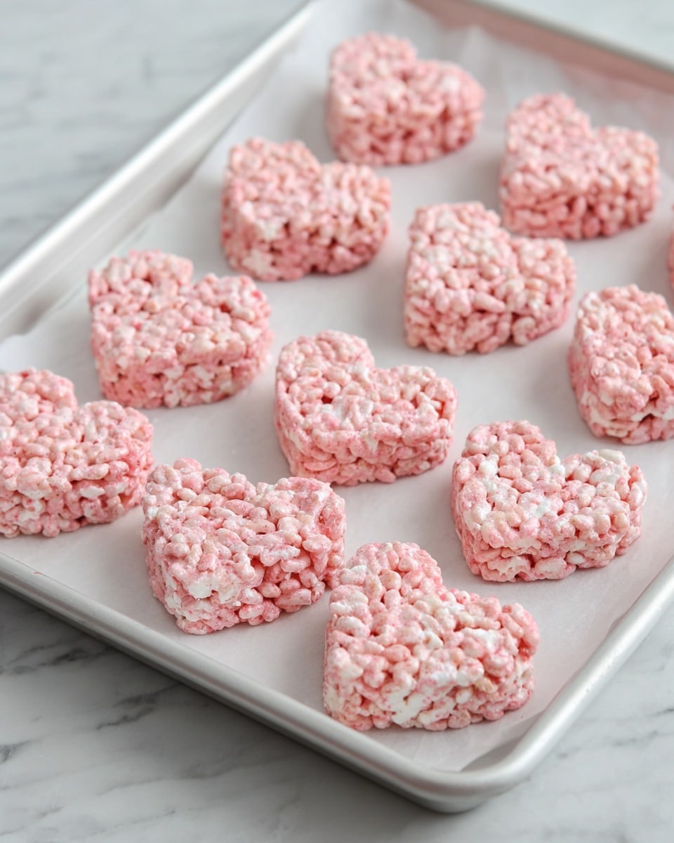 A white tray lined with parchment paper holds multiple pink heart-shaped treats made of crispy puffed rice mixed with a pink-colored binder, with some areas showing white patches of melted marshmallow texture. Each heart is thick and rough with visible puffed rice lumps. The hearts are neatly arranged in rows on the tray, resting on a white marbled surface. photo taken with an iphone --ar 4:5 --v 7
