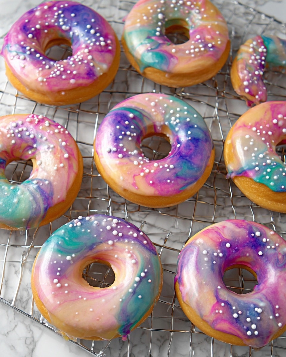 A group of ten yeast donuts sits on a silver cooling rack over a white marbled surface. Each donut has a smooth, shiny glaze with a marbled pattern of soft pastel colors including pink, purple, blue, and green swirled on top. Small round white sprinkles are scattered evenly over each glazed surface, adding texture. The donuts are golden brown on the sides and bottom, and they are arranged with some overlapping slightly, showing the icing dripping just a little over the edges. The lighting highlights the glossy finish of the glaze and the soft texture of the dough. Photo taken with an iphone --ar 4:5 --v 7