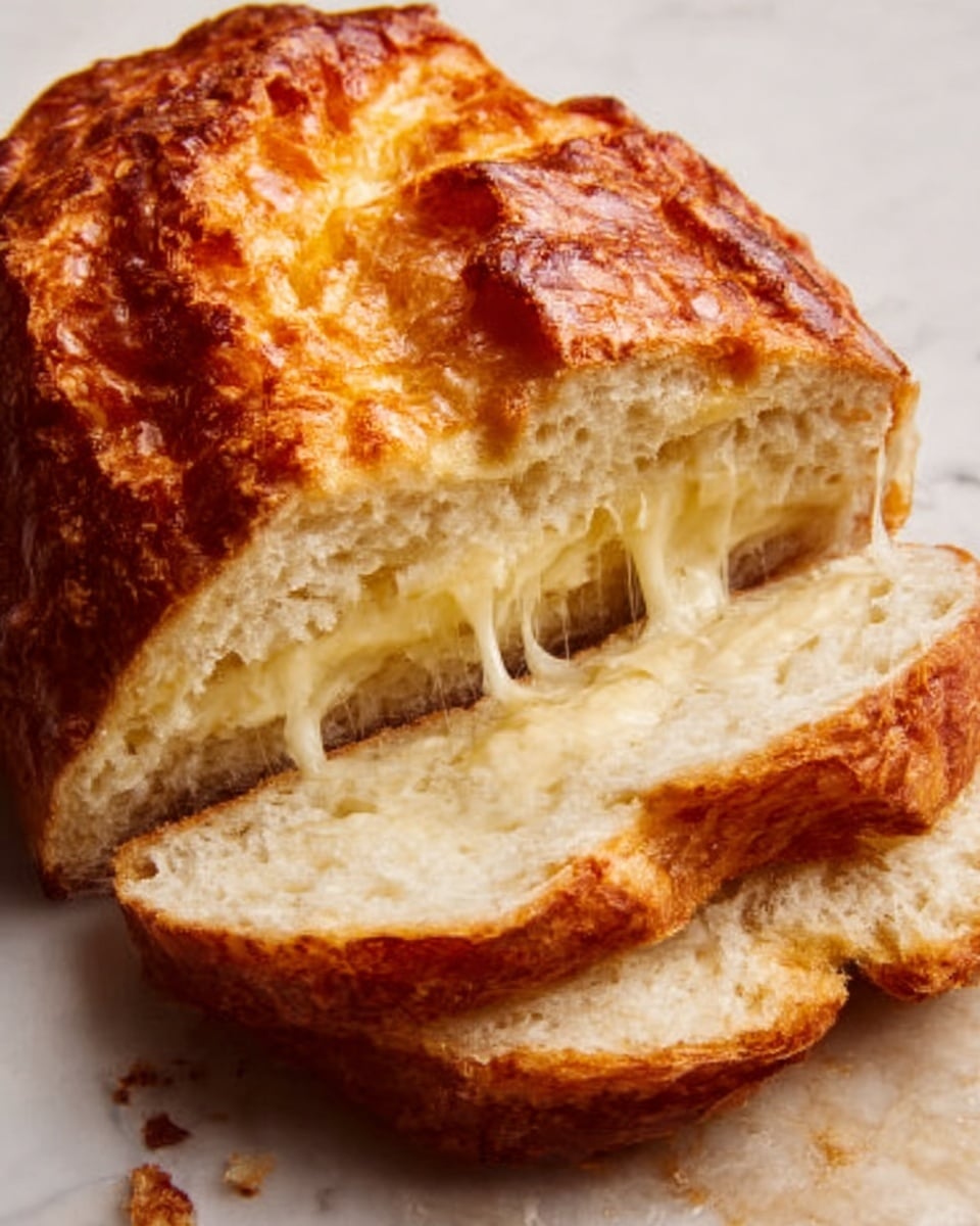 A loaf of bread with a crispy, golden brown crust is shown on a white marbled surface, partially sliced into thick pieces. The inside of the bread is soft and light, slightly off-white with a porous texture. The top crust is shiny with a small amount of melted cheese visible where the slices are pulled apart, showing a stretchy, gooey texture. The photo is close up, highlighting the contrast between the crust and the airy inside. photo taken with an iphone --ar 4:5 --v 7