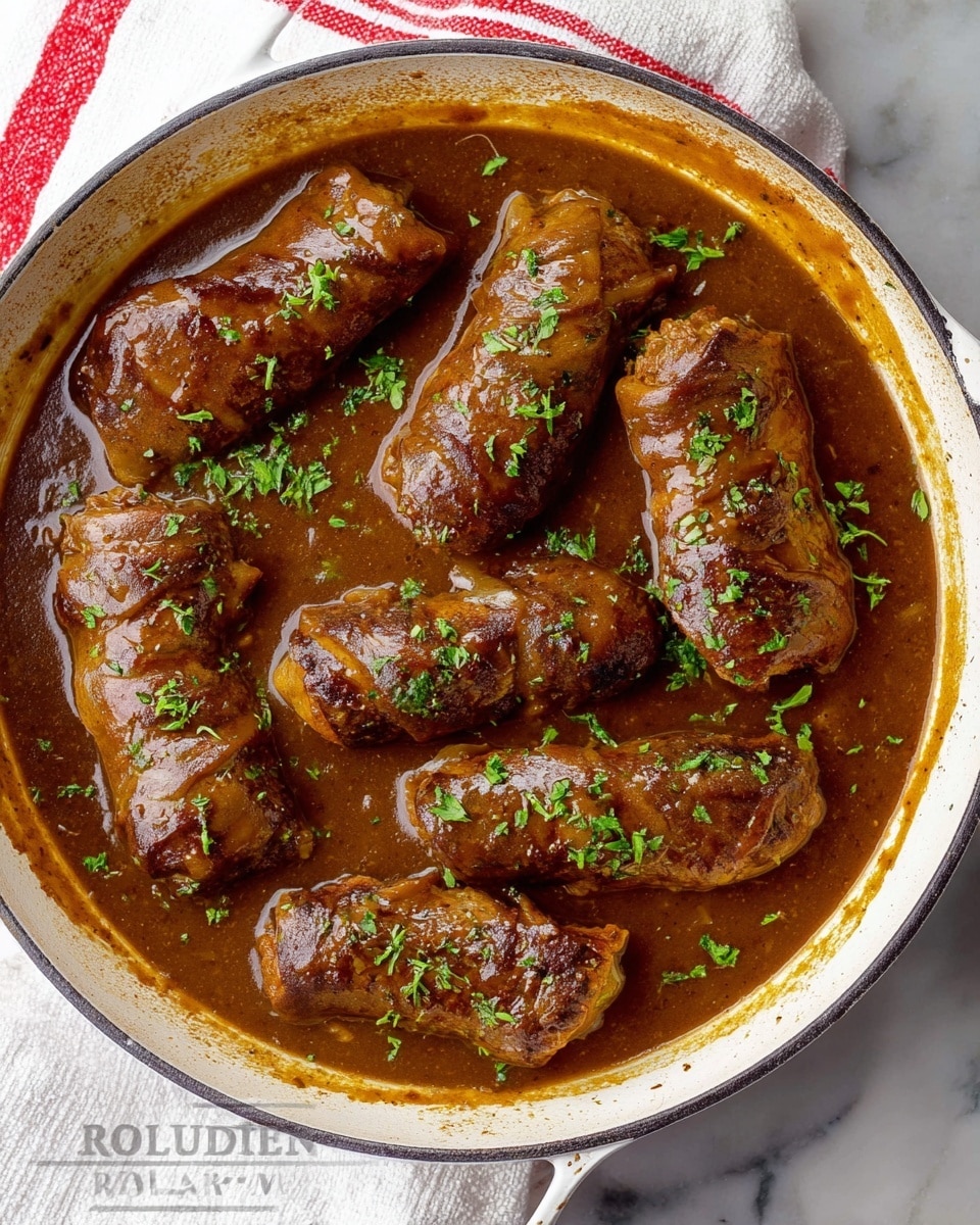 The image shows seven rouladen pieces cooked in a white pan filled with rich, glossy brown gravy. Each rouladen is rolled tightly, showing a slightly bumpy texture, browned and coated fully in the sauce, garnished with small sprinkles of fresh green herbs on top. The pan rests on a white marbled surface, next to a white cloth with red stripes. The lighting highlights the shine of the gravy and the smoothness of the meat rolls. photo taken with an iphone --ar 4:5 --v 7