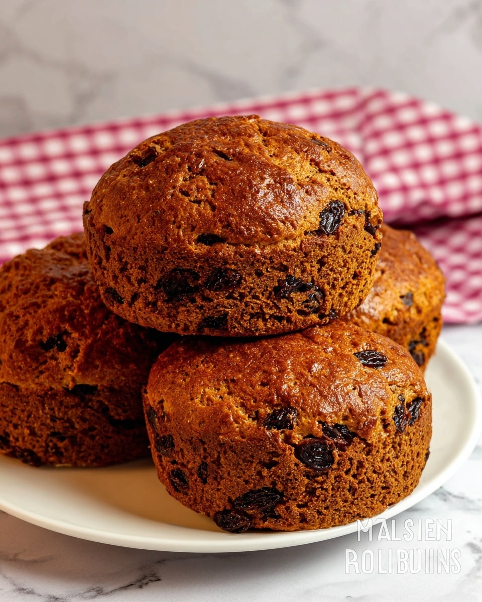 A white plate holds a stack of four molasses raisin buns with a rough, cracked surface showing a deep brown color, mixed with dark raisins peeking through the textured crust. The buns are thick and round, piled closely together with the top bun clearly visible and golden-brown in tone. In the background, there is a pink and white checkered cloth resting on a white marbled surface. The image is bright and clear with a simple close-up view. photo taken with an iphone --ar 4:5 --v 7