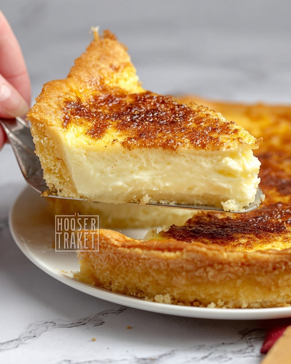 This image shows a slice of Hoosier tart being lifted from the rest of the tart. The tart has two layers: a golden-brown, crispy crust at the bottom with a rough, crumbly texture, and a thick, creamy, pale yellow layer above it. The top layer has a slightly browned, uneven surface with darker specks, possibly cinnamon or nutmeg. The tart is placed on a white plate on a white marbled surface in the background. A woman's hand is gently holding the spatula lifting the tart slice. Photo taken with an iphone --ar 4:5 --v 7