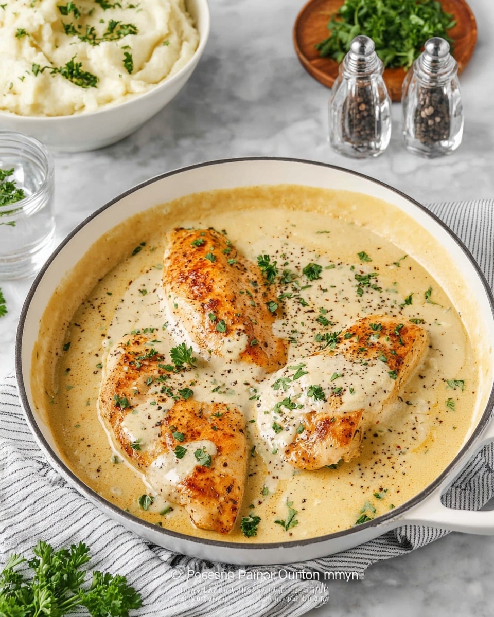 The image shows three browned chicken breasts partially covered in a thick, creamy pale yellow sauce inside a white pan with a handle. The sauce has a smooth texture and is sprinkled with chopped green herbs and ground black pepper. The pan rests on a white cloth with gray stripes, placed on a white marbled textured surface. In the background, there are a white bowl with mashed potatoes topped with black pepper, two clear glass salt and pepper shakers, and a small round wooden plate with more chopped green herbs. A few fresh green parsley leaves are also scattered on the surface near the pan. Photo taken with an iphone --ar 4:5 --v 7