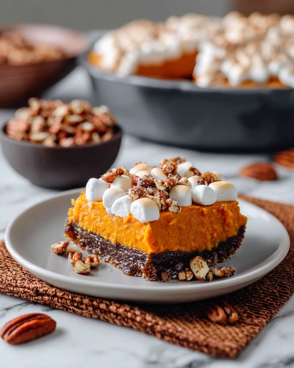 The dish shows a slice of a three-layer dessert on a white plate, placed on a white marbled surface with a brown textured cloth beside it. The bottom layer is dark brown with a sticky texture, possibly caramel or a pie crust soaked in syrup. The middle layer is a thick, smooth bright orange sweet potato mash. The top layer consists of white toasted mini marshmallows scattered with chopped brown nuts. Around the plate, there are a few whole pecans for garnish. In the background, there is a bowl filled with pecans and a large dish with the same dessert topped with marshmallows, all set on the white marbled surface. Photo taken with an iphone --ar 4:5 --v 7