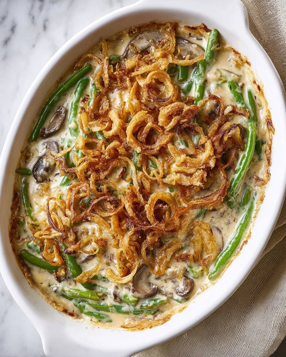 A white oval dish filled with a creamy casserole featuring three visible layers: the bottom layer includes green beans and mushrooms mixed in a light brown creamy sauce, the middle layer is a thicker light beige cream with visible herbs, and the top layer is covered in crispy, golden-brown fried onions scattered unevenly. The dish's edge shows slight browning from baking. The casserole sits on a white marbled surface with part of a beige cloth napkin visible in the corner. photo taken with an iphone --ar 4:5 --v 7