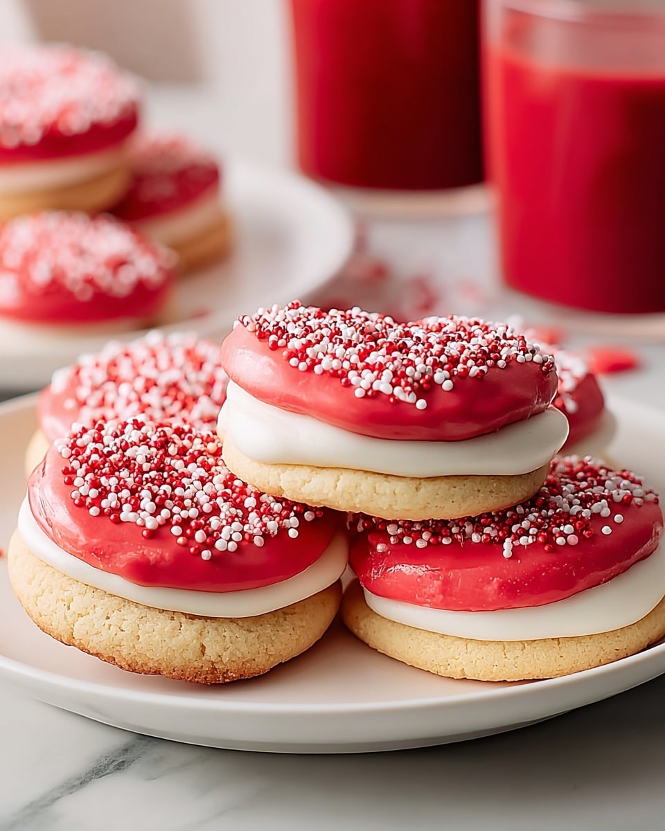 The image shows a stack of soft round cookies on a white plate placed on a white marbled surface. Each cookie has three layers: the bottom layer is a light golden-brown cookie base with a slightly rough texture; the middle layer is thick, smooth, and white cream evenly spread; the top layer is a shiny, bright red frosting sprinkled with small red and white sugar crystals, giving a crunchy look. The cookies are slightly piled on each other, with one cookie resting on top of two others, creating a sense of depth. In the background, there are blurred red containers adding a pop of color. photo taken with an iphone --ar 4:5 --v 7