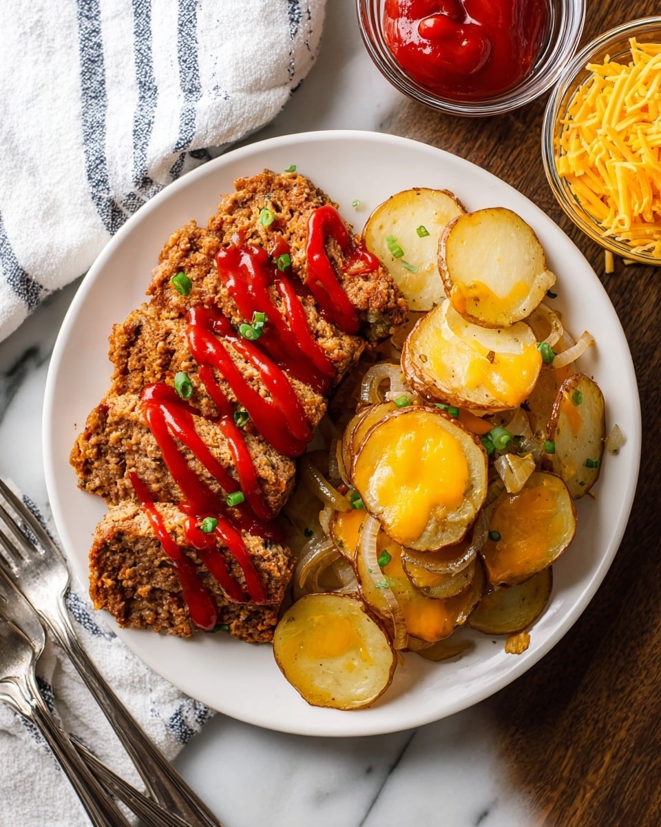 A white plate contains two main parts: on the left, several thick slices of brown meatloaf with a rough texture, topped with zigzag lines of bright red ketchup and small green herb pieces scattered on top; on the right, a layered stack of round potato slices with golden melted cheddar cheese covering each layer and browned sautéed onion pieces mixed in, showing a soft and slightly shiny texture. The plate is placed on a white marbled surface, with a folded white cloth with blue stripes at the top left and two clear glass bowls of red ketchup and shredded yellow cheddar cheese at the top right and bottom right corners, and two silver forks at the bottom left corner. photo taken with an iphone --ar 4:5 --v 7