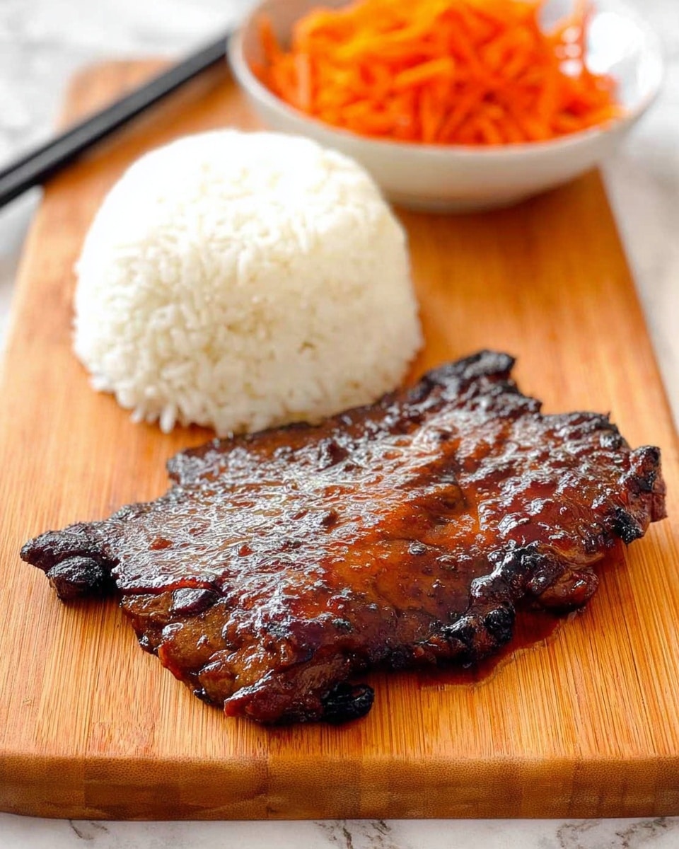 A piece of grilled meat with a dark, shiny, and slightly charred surface sits on the front of a wooden cutting board, showing a textured glaze with hints of caramelization. Behind the meat, there is a mound of fluffy, white rice with a soft and slightly sticky texture, forming a small hill directly behind the meat. In the background, a white bowl filled with shredded orange carrots is slightly out of focus, next to a pair of black chopsticks resting on the board. The whole scene is set on a white marbled textured surface. photo taken with an iphone --ar 4:5 --v 7