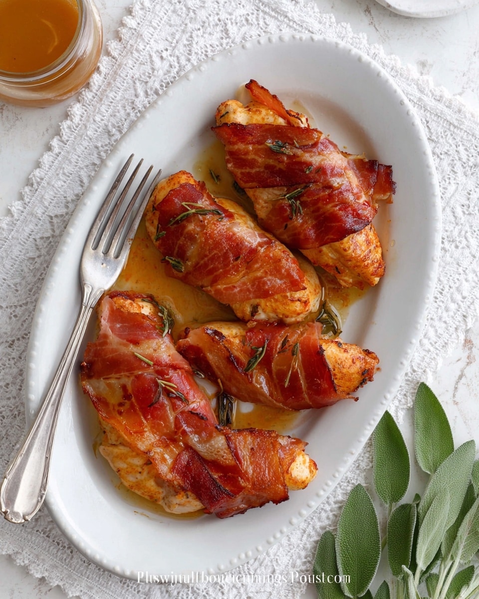 The dish shows four pieces of cooked chicken breast wrapped in a thin layer of browned, slightly crispy prosciutto, placed on a white oval plate. The chicken underneath looks juicy with a light tan color, while the prosciutto layer has a rich reddish-brown tone with some shiny and slightly charred spots, giving a textured look. The plate is set on a white patterned cloth, and a silver fork is positioned on the left side of the plate. In the upper left corner, there is a small glass container with a light brown sauce, and fresh green sage leaves are near the bottom right of the image, all placed on a white marbled surface. Photo taken with an iphone --ar 4:5 --v 7