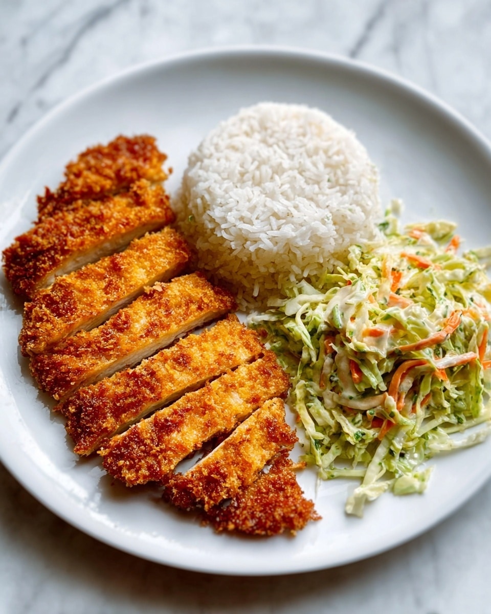 A white plate holds a golden-brown breaded chicken cutlet that is sliced into five pieces, placed on the left side. To the right, a neat mound of fluffy white rice fills the top part of the plate. Below the rice, there is a small serving of coleslaw made of shredded green cabbage, orange carrot bits, and a creamy dressing. The plate is set on a white marbled surface. Photo taken with an iphone --ar 4:5 --v 7