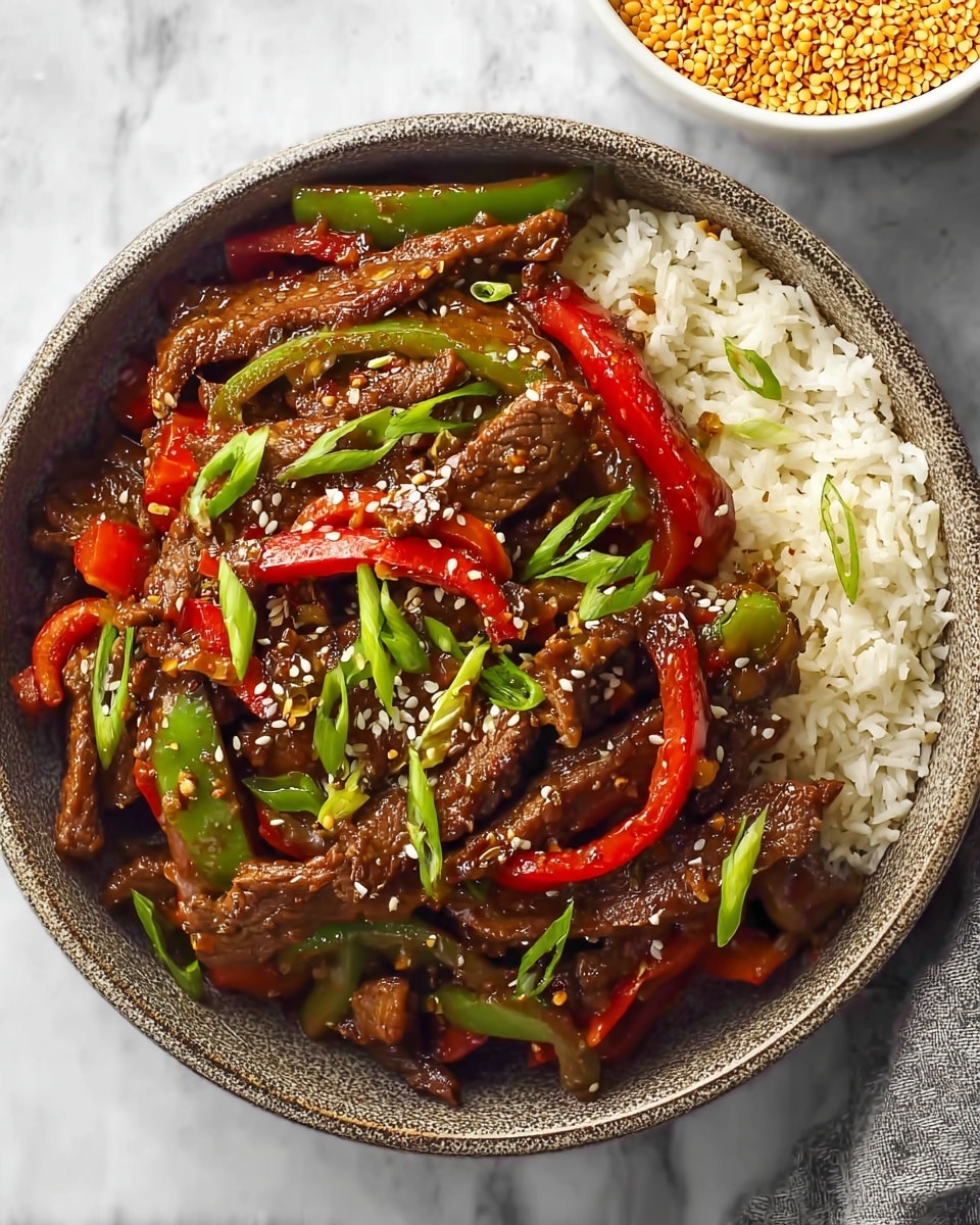 A round bowl filled with two visible layers: at the bottom, there is a layer of white rice with a soft, fluffy texture, and on top, a stir-fried mixture of dark brown beef strips coated in a glossy sauce, mixed with bright red and green bell pepper slices and thin green onion pieces. The stir-fry is sprinkled with small white sesame seeds for texture. The bowl is placed on a white marbled surface, and in the top part of the image, there is a white bowl filled with yellow split lentils partially visible. photo taken with an iphone --ar 4:5 --v 7