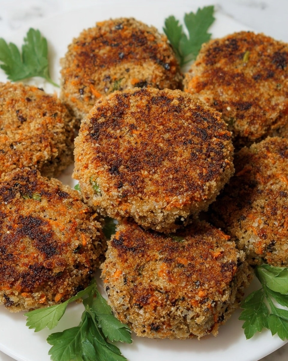 The image shows multiple round, golden-brown patties with a rough, crumbly texture from the crispy coating, placed on a white plate. Each patty has a mix of light orange, tan, and dark brown colors with small bits of green visible inside. Around the patties, there are green parsley leaves for garnish on a white marbled surface. The patties look evenly cooked with a crunchy outside texture and appear thick and dense. photo taken with an iphone --ar 4:5 --v 7