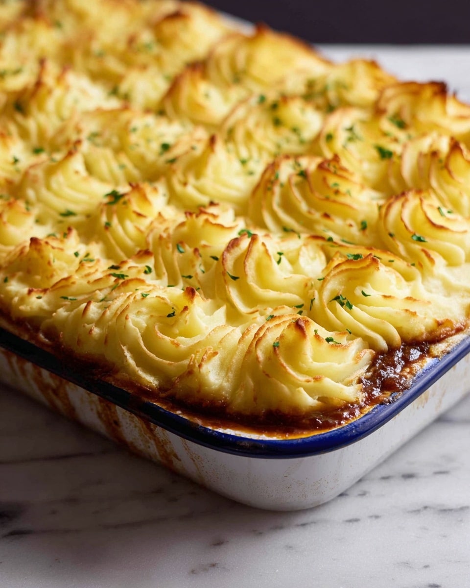 The image shows a baked dish with one visible layer of golden, piped mashed potato swirls on top, each swirl having a slightly crisp and browned peak with a creamy texture at the base. The mashed potato layer is sprinkled with small bits of green herbs. The mash sits on a baked filling that is dark brown and slightly visible along the edges where some sauce has bubbled over. The dish is served in a white metal baking tray with a blue rim, sitting on a white marbled surface. Photo taken with an iphone --ar 4:5 --v 7