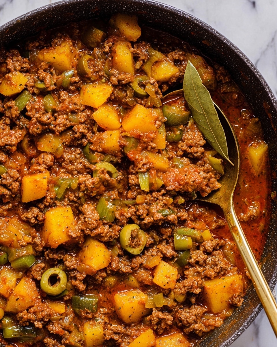 The image shows a rich, hearty stew in a dark pot, featuring a mix of ground beef and diced yellow potatoes as the main layers. The ground beef is brown and crumbly, mixed evenly with bright yellow cubed potatoes and green olives that add pops of color. There are small chunks of translucent onions and pieces of green bell peppers scattered throughout, with a glossy, reddish-brown sauce coating everything. A single bay leaf is visible resting on top, adding texture and detail. A gold-colored ladle is partially submerged on the right side, scooping up some of the stew. The background is a white marbled texture. Photo taken with an iphone --ar 4:5 --v 7