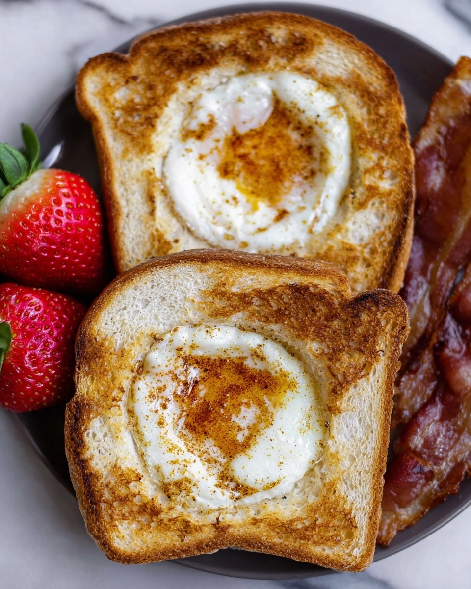 The image shows two slices of toasted white bread each with a cooked egg in the center, where the egg whites have a slightly browned and crispy texture, and the yolks are golden yellow and partially cooked. The toast has a light golden-brown color with a crunchy edge and soft inside. To the left side, there are two halved strawberries with bright red color and green stems. On the right, there are slices of cooked bacon with a dark reddish-brown color and slightly shiny texture. The food is arranged on a white plate placed on a white marbled surface. photo taken with an iphone --ar 4:5 --v 7