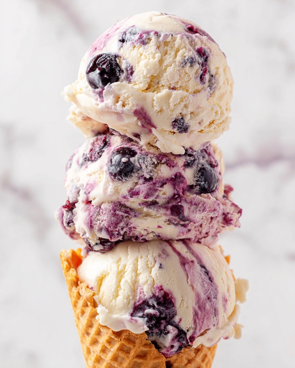 A close-up view of a three-scoop ice cream cone with a white waffle cone base, showing a mix of creamy white and purple colors swirled throughout each scoop. The top scoop sits on a middle scoop, which sits on a bottom scoop, all having a creamy texture with visible bits of dark purple fruit mixed into the white ice cream. The background is a white marbled texture, softly blurred, highlighting the detailed textures of the ice cream and cone. photo taken with an iphone --ar 4:5 --v 7