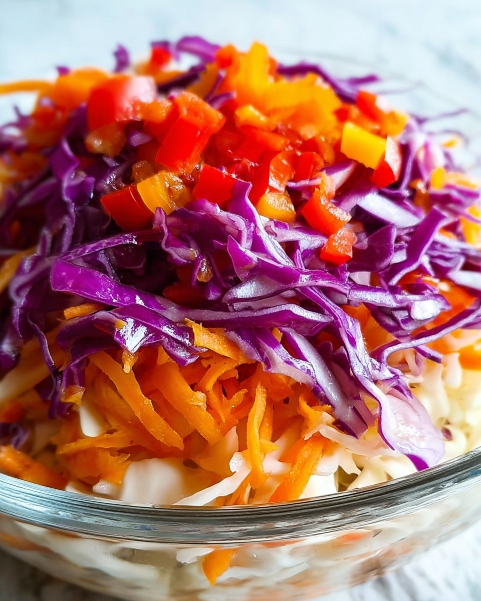 A close-up of a colorful salad in a clear glass bowl showing three layers: the bottom layer is finely shredded white cabbage, the middle layer has bright orange grated carrots, and the top layer is a mix of thinly sliced deep purple cabbage and small pieces of red bell pepper, all fresh and vibrant with a slightly glossy texture. The background is a white marbled surface. photo taken with an iphone --ar 4:5 --v 7