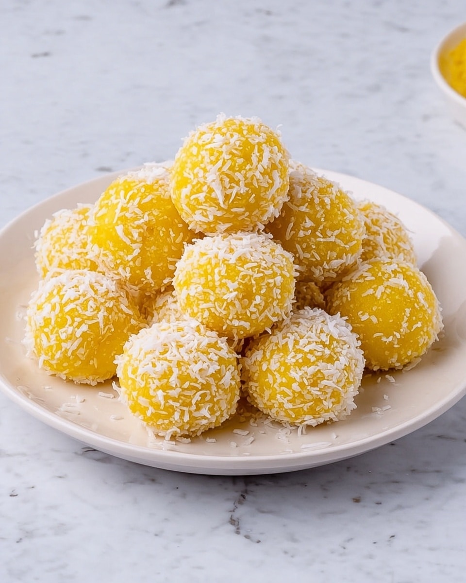 A white plate holds a pile of small round yellow balls covered evenly with shredded white coconut flakes, creating a textured, snowy effect on the bright yellow surface. The balls are stacked in a loose pyramid shape, with some balls at the base and others resting on top, showing a mix of smooth yellow underneath the coconut covering. The plate is placed on a white marbled surface that adds a soft, clean background to the vibrant dessert. Photo taken with an iphone --ar 4:5 --v 7
