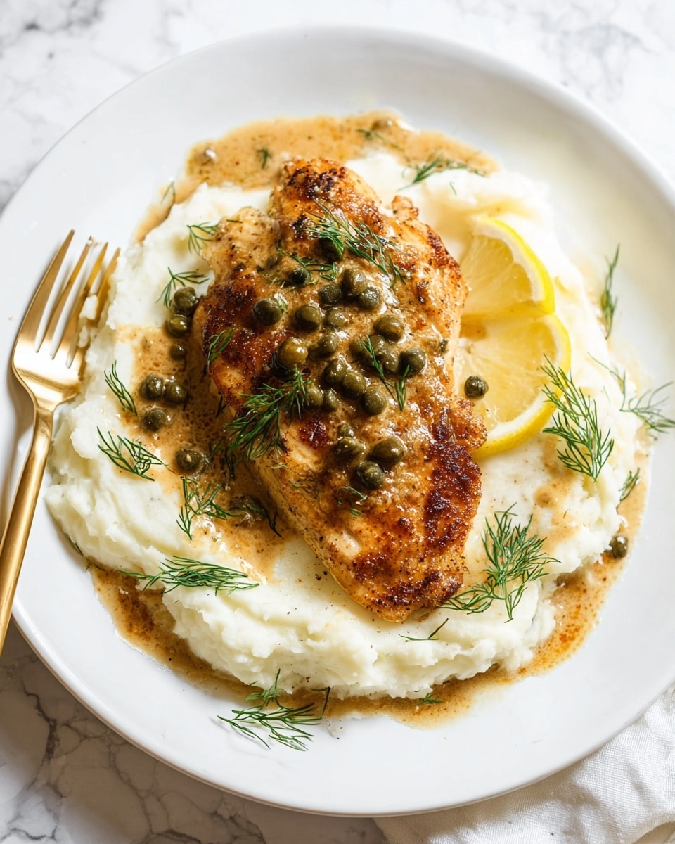 A white plate holds a bed of creamy white mashed potatoes spread in a rough circular shape as the first layer. On top sits a golden brown, well-seasoned cooked chicken breast with a slightly crispy texture as the second layer. The chicken is covered with a light brown creamy sauce studded with small green capers and bits of light caramelized onion. Small sprigs of fresh green dill are scattered on and around the mashed potatoes and chicken. A thin slice of lemon wedge is placed on the right side of the chicken. To the left of the plate is a golden fork partially resting on the mashed potatoes. The whole scene is set against a white marbled texture. photo taken with an iphone --ar 4:5 --v 7