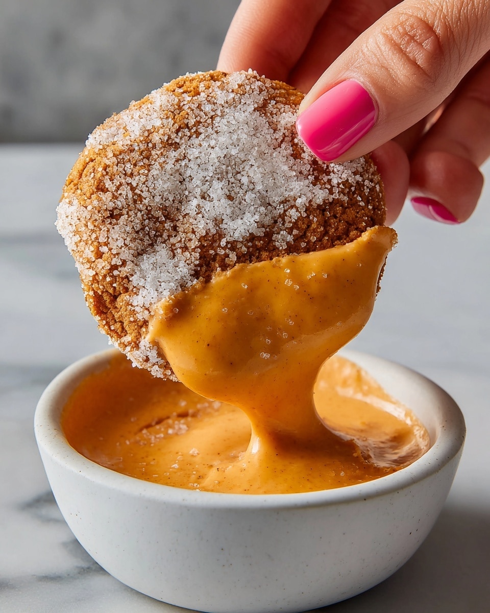 A close-up image of a cookie being dipped into a small white bowl filled with thick orange creamy sauce that slightly drips over the bowl's edge. The cookie is round with a rough texture and is covered halfway on top with a layer of white sugar and spices, while the lower half is fully coated by the orange sauce. A woman's hand with pink nail polish holds the cookie from the top against a white marbled textured background, showing fine details of sugar crystals and the smooth sauce. photo taken with an iphone --ar 4:5 --v 7