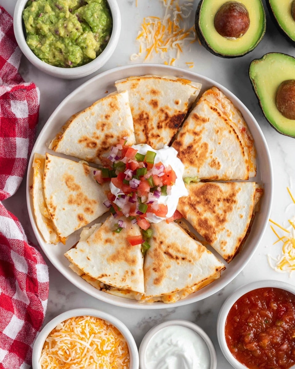 A white round plate holds a quesadilla cut into six triangular slices, with a light golden-brown toasted surface and a few small grilled spots. The quesadilla is stacked with melted cheese inside, which is slightly visible at the edges. On top, in the center, there is a dollop of white sour cream, topped with a colorful mix of diced red tomatoes, green jalapeño pieces, and bits of red onion. Surrounding the plate are small white bowls containing green guacamole with chunks of tomato, red salsa with visible tomato pieces, and more white sour cream. In the top right corner, a white dish holds whole and halved avocados with rich green flesh and dark brown pits. Everything is set on a white marbled texture with some scattered shredded cheese, and a red and white checkered cloth is partially seen near the top left corner. photo taken with an iphone --ar 4:5 --v 7