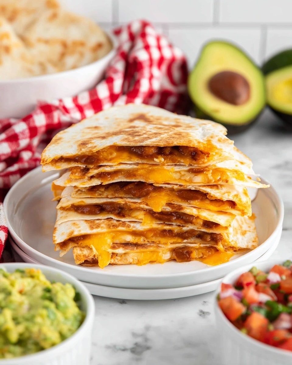 A stack of six quesadilla slices arranged neatly on a white plate, each slice showing thin golden brown tortillas filled with melted orange-yellow cheese and refried beans, creating visible layers of gooey texture and soft, slightly crisp edges. The quesadilla stack is set against a white marbled surface with a red and white checkered cloth in the background, alongside a white bowl filled with halved and whole ripe avocados with dark green skin and bright green flesh, and two small white bowls in the foreground containing chunky guacamole with bits of tomato and onion, and fresh salsa with diced tomato, onion, and green herbs. Photo taken with an iphone --ar 4:5 --v 7