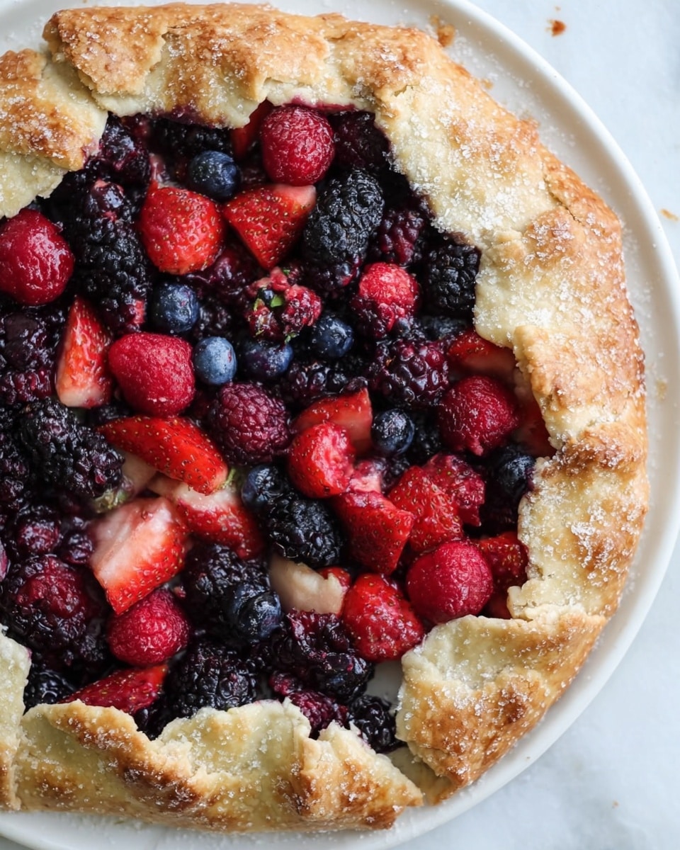 The image shows a rustic berry galette on a white plate placed on a white marbled surface. The galette has one main visible layer: a slightly golden-brown, flaky crust with a coarse sugar sprinkle on top, folded unevenly over a colorful mixed berry filling. The filling includes whole blackberries, whole blueberries, raspberries, and chopped strawberries, with deep reds, purples, and blues, creating a rich contrast to the light crust. The berries look fresh and juicy, some with a slight shine, and the crust has a rough, crumbly texture visible around the edges. Photo taken with an iphone --ar 4:5 --v 7