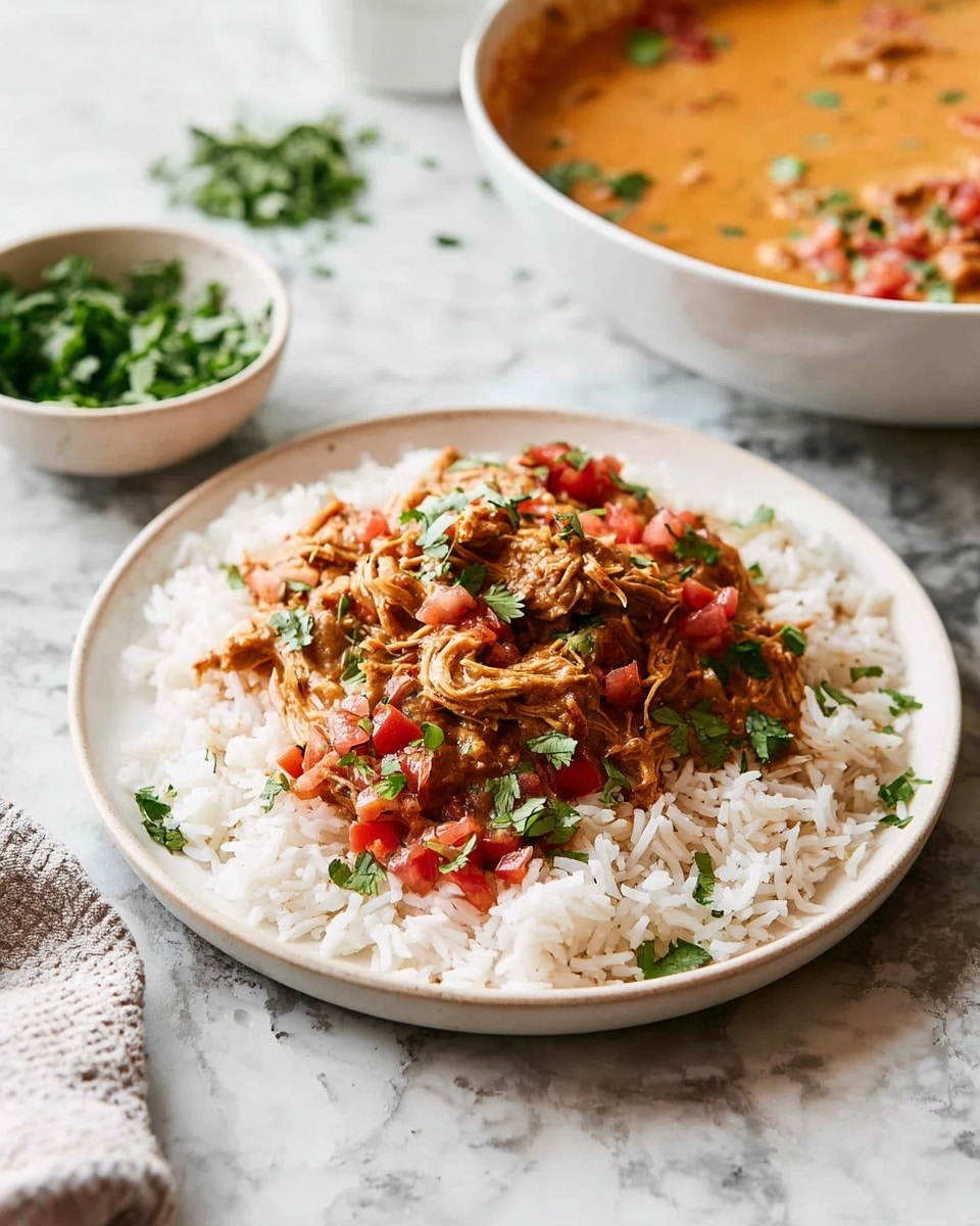 A white plate sits on a white marbled surface, layered with a base of fluffy white rice spread evenly across the plate. On top, there is a generous layer of shredded meat mixed with a creamy, orange-brown sauce, which is speckled with diced red tomatoes and garnished with small bits of fresh green herbs, adding color contrast. In the background, there is a bowl filled with more of the creamy sauce, and a small white bowl of chopped green herbs nearby, all against the same white marbled surface. Photo taken with an iphone --ar 4:5 --v 7