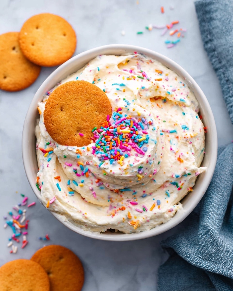 A white bowl filled with one thick layer of creamy white frosting mixed with colorful sprinkles, creating a speckled texture throughout. More brightly colored sprinkles are placed on top in a small cluster, and one round, orange cookie is partially pressed into the frosting near the center. The bowl sits on a white marbled textured surface surrounded by a few similar orange cookies scattered around and a folded blue-gray cloth nearby. photo taken with an iphone --ar 4:5 --v 7