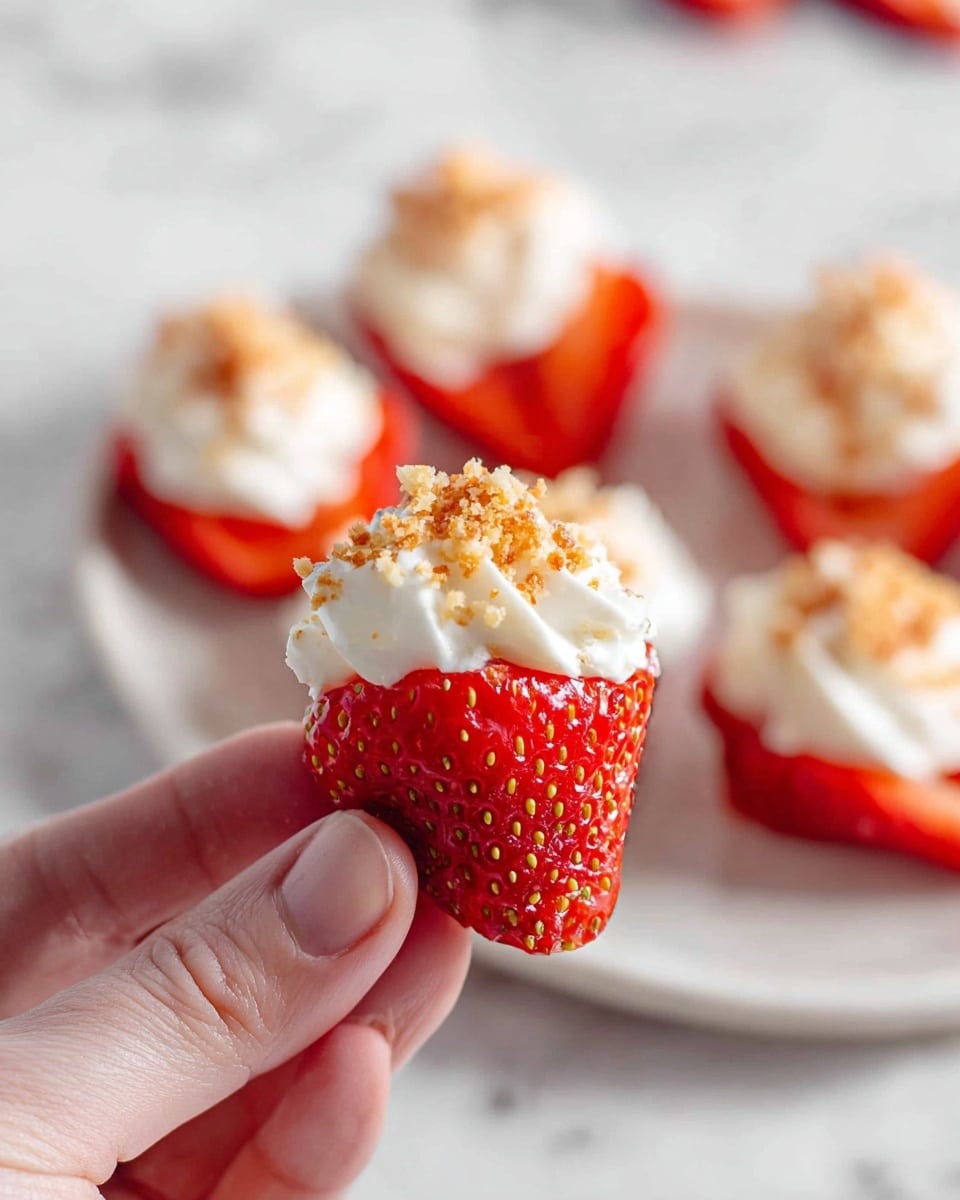 A close-up of a woman's hand holding a single red strawberry half topped with a thick layer of white whipped cream and sprinkled with small light brown crumbs. In the background, a white plate filled with more strawberry halves each layered with the same white whipped cream and crumb topping is set on a white marbled surface, slightly blurred to keep focus on the held strawberry. The strawberry's surface is shiny and textured with seeds visible on the edges. photo taken with an iphone --ar 4:5 --v 7