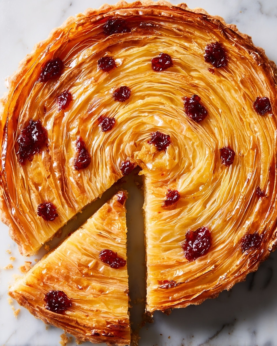 A round tart with many thin, flaky golden layers arranged in a spiral from the center to the edges, with a shiny light glaze spread on top. Small dollops of deep red jam are scattered evenly across the surface, adding spots of color. The tart has a rough, crinkled edge. One slice is cut and pulled slightly outwards, showing the layered inside. The tart is placed on a white marbled surface. photo taken with an iphone --ar 4:5 --v 7