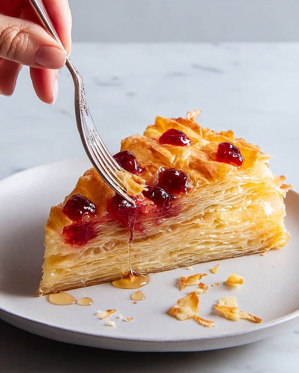 A slice of layered pastry pie with flaky, golden-brown top crust dotted with small, glossy red jam spots, sitting on a white plate. The pie has multiple delicate, thin layers visible, with a slightly shiny glaze covering it and some syrup dripping down the sides. Flakes of pastry are scattered around the plate, while a silver fork held by a woman's hand is pulling a piece from the tip of the slice. The background is a white marbled texture. photo taken with an iphone --ar 4:5 --v 7