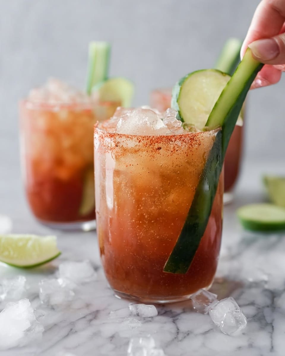A clear glass filled with a reddish-brown iced drink, with crushed ice creating a textured translucent layer on top. Inside the drink, a thin round slice of lime is visible near the top, adding a touch of light green. The rim of the glass is coated with a reddish-brown seasoning. A long, thin cucumber stick with dark green skin and lighter green inside lies diagonally inside the drink. A woman's hand is gently holding the cucumber stick as it is placed into the glass. The glass is on a white marbled surface with scattered ice pieces around. Two more similar glasses with the same drink and cucumber sticks are in the background, slightly blurred. photo taken with an iphone --ar 4:5 --v 7