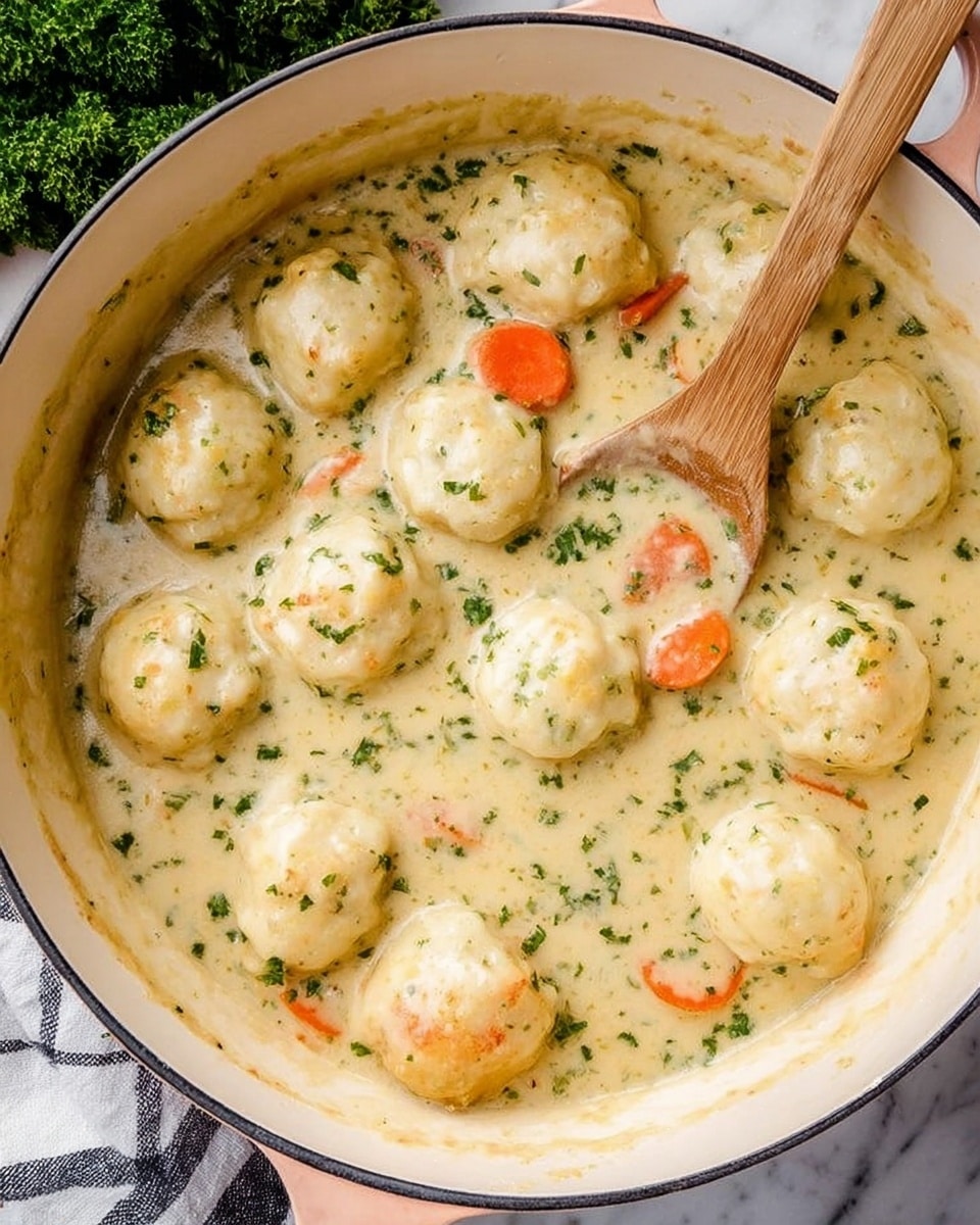 A large white cooking pot filled with a creamy, light beige sauce with small cooked vegetables like orange carrot pieces and green herbs throughout. Inside the sauce, there are about ten soft, round dumplings with a smooth texture and light golden color, floating evenly spread across the pot. A wooden spoon with a light brown handle is placed on the left edge of the pot, partly submerged in the sauce. Around the pot, fresh green parsley and an orange carrot are placed on a white marbled surface with a black-and-white checkered cloth nearby. The scene is brightly lit and cozy, showing a warm homemade meal. Photo taken with an iphone --ar 4:5 --v 7