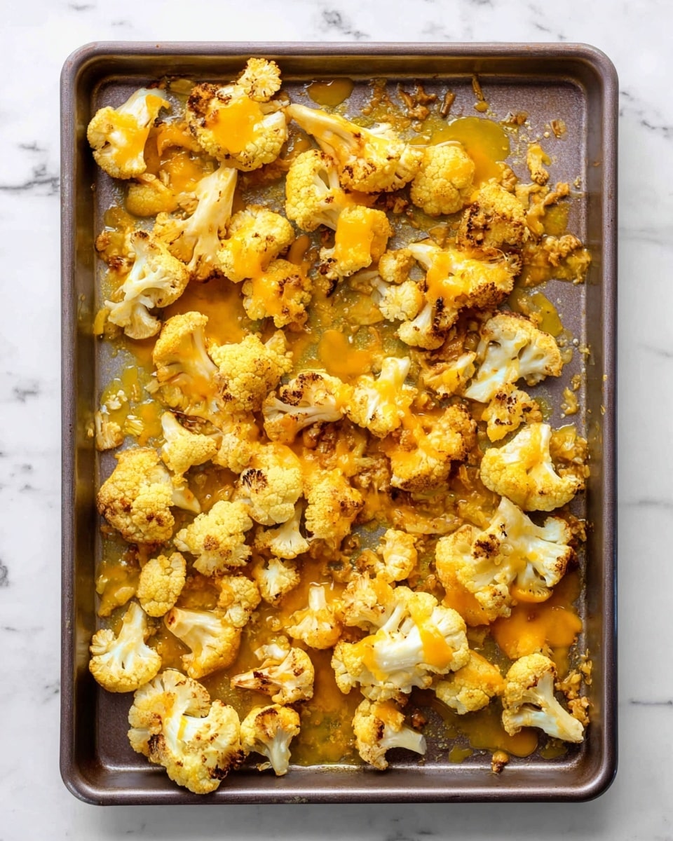 The image shows a dark metal baking tray filled with roasted cauliflower pieces scattered across it. The cauliflower is light yellow with slight brown roasted spots, and some pieces are topped with melted orange-yellow cheese. There is a golden, oily sauce spread unevenly around and under the cauliflower, showing texture with small bits. The tray sits on a white marbled surface. Photo taken with an iphone --ar 4:5 --v 7