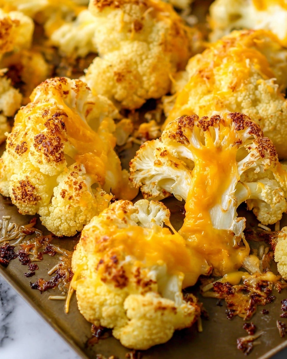 The image shows several pieces of roasted cauliflower placed on a shiny dark metal surface. Each cauliflower piece is golden-yellow with some slightly browned spots indicating roasting. There is a layer of melted orange cheese drizzled unevenly over the top of the cauliflower, adding a creamy texture and bright color contrast. The cauliflower pieces are arranged close together, filling the frame with textures of crisp edges and smooth melted cheese. The background is a white marbled texture. photo taken with an iphone --ar 4:5 --v 7