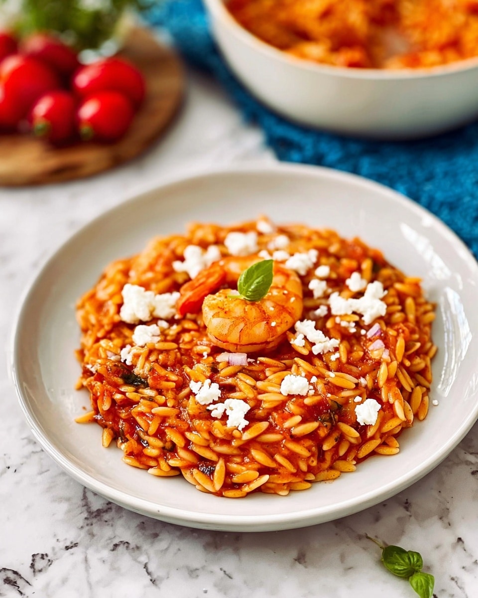 A white plate holds a single layer of orzo pasta cooked in a rich red tomato sauce, giving the pasta a glossy orange-red color with visible small shrimp pieces mixed throughout. On top, there are scattered small white crumbles of cheese, adding a contrasting texture and color. Near the center, a single shrimp is placed with a small green basil leaf on it, adding a pop of fresh green. The plate rests on a white marbled surface with a blurred bowl of more the same dish in the background along with out-of-focus red cherry tomatoes and a blue cloth. photo taken with an iphone --ar 4:5 --v 7