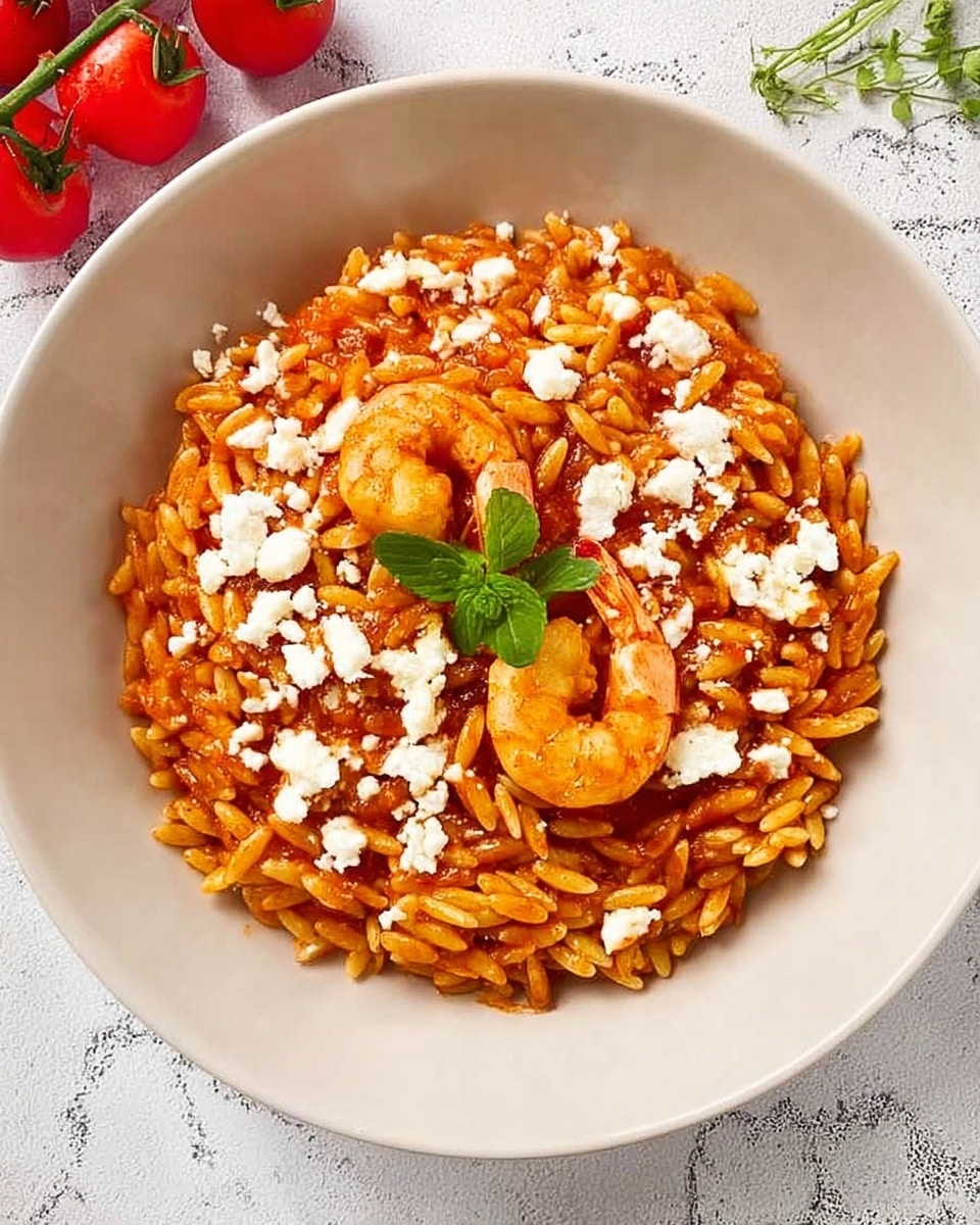 A white shallow bowl filled with a single layer of small, rice-shaped pasta coated in a red tomato sauce, with two large shrimp placed near the center and surrounded by crumbled white cheese scattered evenly across the top. A small sprig of fresh green herbs sits on the shrimp as garnish. The bowl is placed on a white marbled textured surface with some cherry tomatoes and green stems slightly visible in the upper left corner. Photo taken with an iphone --ar 4:5 --v 7