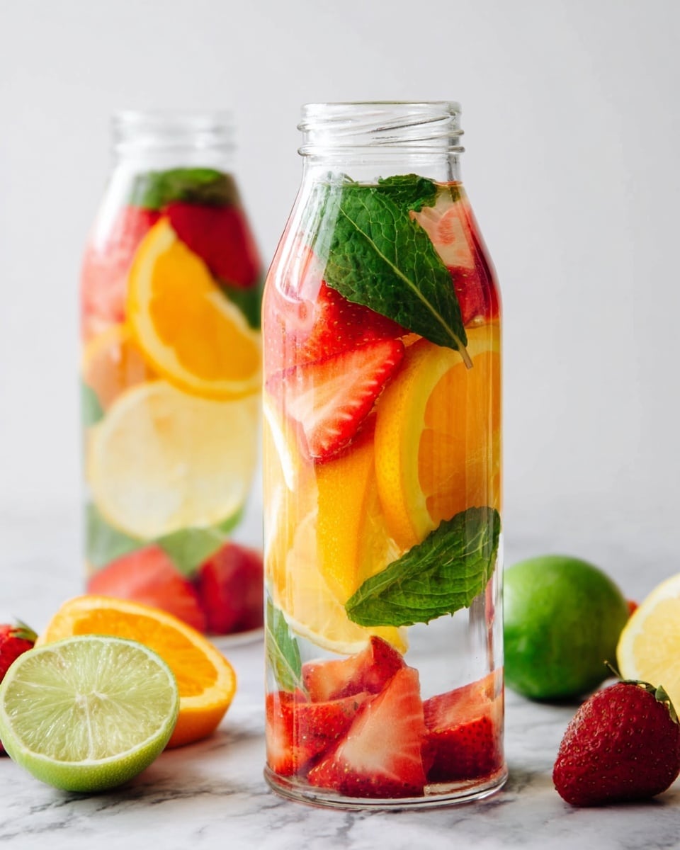 Two clear glass bottles filled with colorful fruit water are shown against a white marbled texture background. The front bottle holds a mix of bright orange slices, red strawberry halves, and green mint leaves, all layered inside clear water. The orange slices form the middle and middle-upper layer, the strawberry pieces are near the bottom, and green mint leaves are placed at the top, adding a fresh touch. The second bottle in the background has a similar fruit mix with a blurred effect. Around the bottles, there are loose fruit pieces: half a lime, a strawberry, and part of a lemon, which add to the fresh feeling of the scene. photo taken with an iphone --ar 4:5 --v 7
