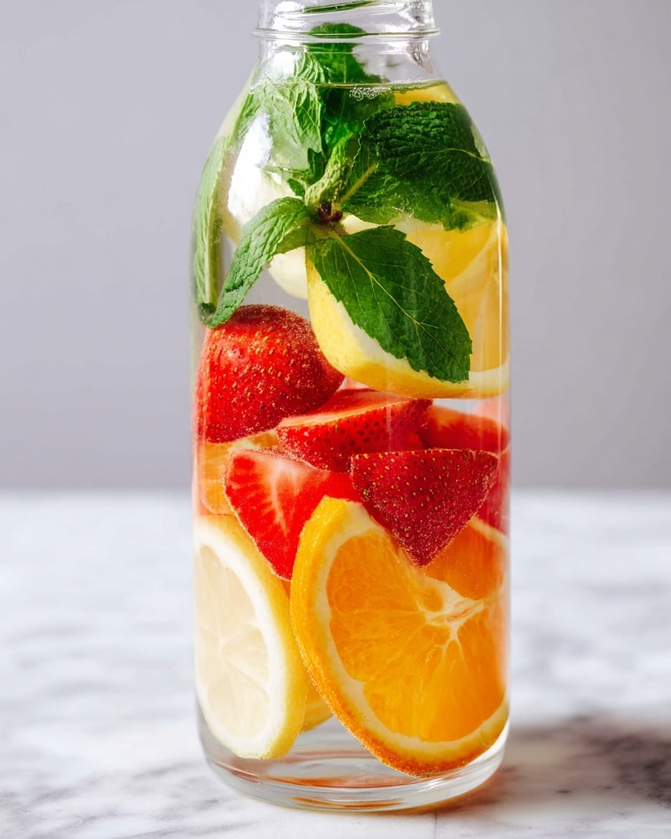 A clear glass bottle filled with refreshing infused water shows a bottom layer of red strawberry slices with seeds visible, above that several bright orange slices with textured peel are stacked, then lemon slices with a pale yellow color sit near the top, and fresh green mint leaves with detailed veins and stems rest at the very top inside the bottle, all set against a white marbled texture in the background. photo taken with an iphone --ar 4:5 --v 7