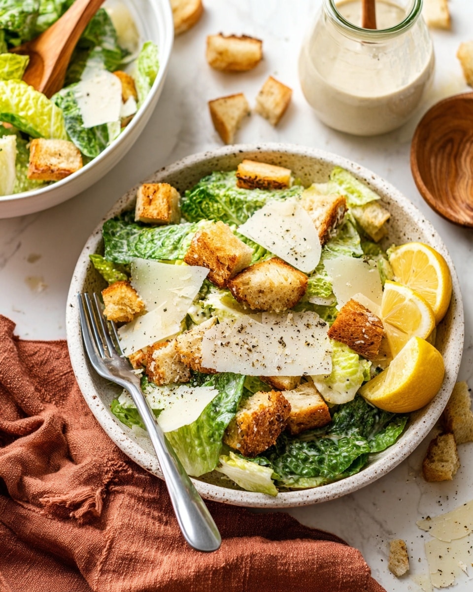 The image shows a white speckled bowl filled with Caesar salad, which has about three layers: the base layer is fresh green romaine lettuce pieces, the middle layer has golden brown croutons scattered around, and the top layer is thin white shavings of Parmesan cheese with a light sprinkle of black pepper. The salad sits next to two lemon wedges on the right side of the bowl. A silver fork rests on the left side of the bowl, placed over a rust-colored cloth napkin. In the background, there is a white bowl containing more Caesar salad with croutons and a wooden spoon. To the right side of the main bowl, there is a small glass jar filled with creamy salad dressing with some black pepper on top. The whole scene is placed on a white marbled surface with some croutons and cheese shavings scattered around. Photo taken with an iphone --ar 4:5 --v 7