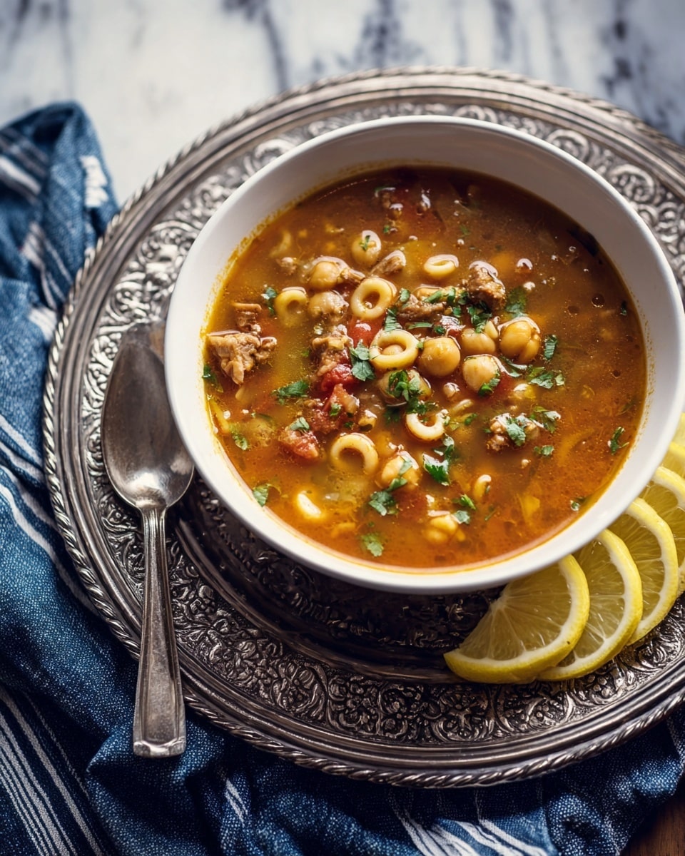 A close-up view of a bowl of soup filled with small pasta noodles, chickpeas, chunks of meat, tomato pieces, and chopped green herbs on top. The soup has a rich, brownish-orange broth with visible textures of beans and meat. The white bowl sits on a large, decorative silver plate with intricate patterns, alongside a silver spoon resting on the plate. Two lemon slices are placed on the plate at the bottom right of the bowl, and the whole setting is arranged on a blue cloth with white stripes, all on a white marbled texture surface. photo taken with an iphone --ar 4:5 --v 7