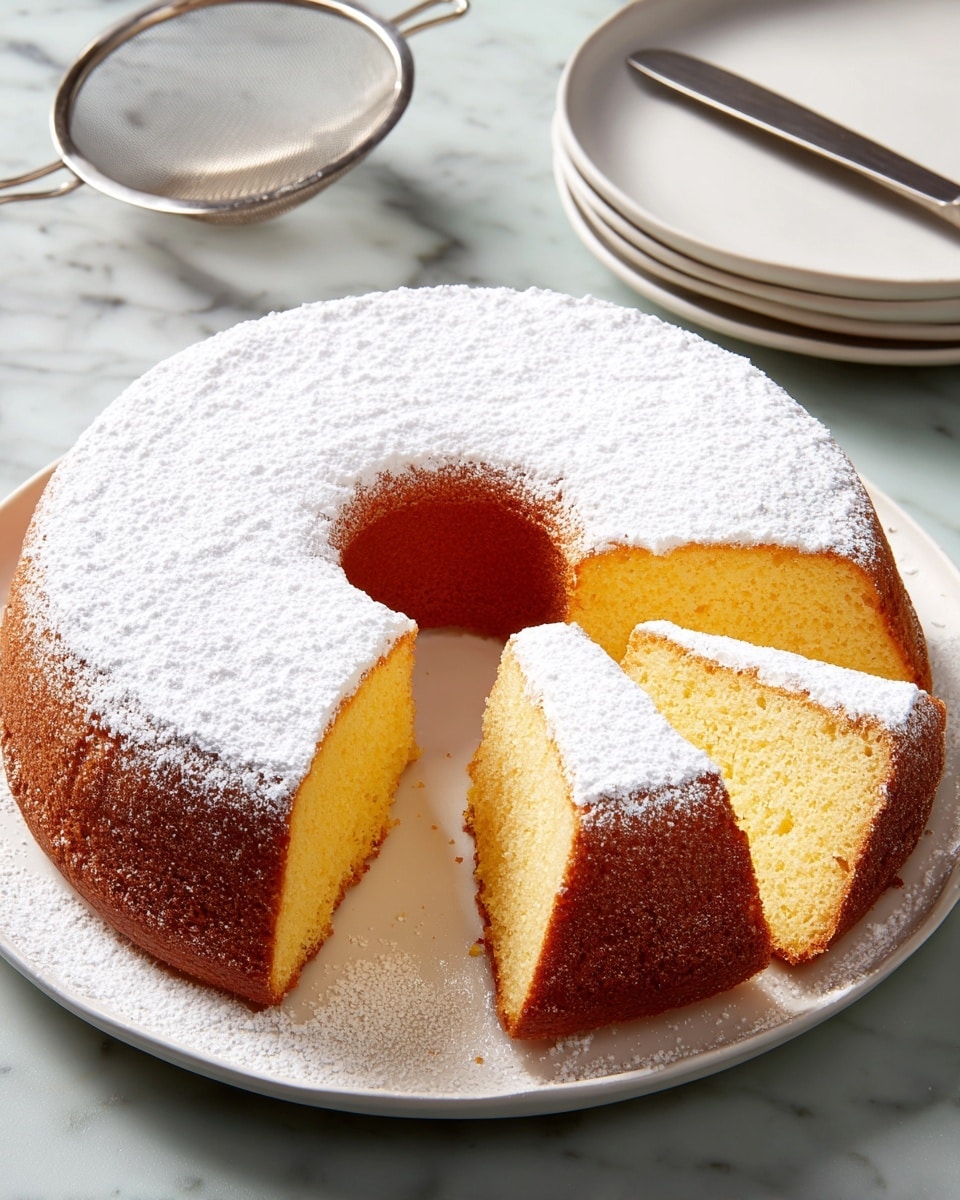 A round bundt cake with a smooth golden brown crust is placed on a white plate, topped with a thick layer of fine white powdered sugar that evenly covers the top and edges. Two slices have been cut and slightly pulled out, revealing a dense, moist, yellow interior with a soft crumb texture. The cake sits on a white marbled surface, with a metal sifter and stacked white plates with a knife in the background. The powdered sugar is also lightly dusted around the base of the cake on the plate. photo taken with an iphone --ar 4:5 --v 7