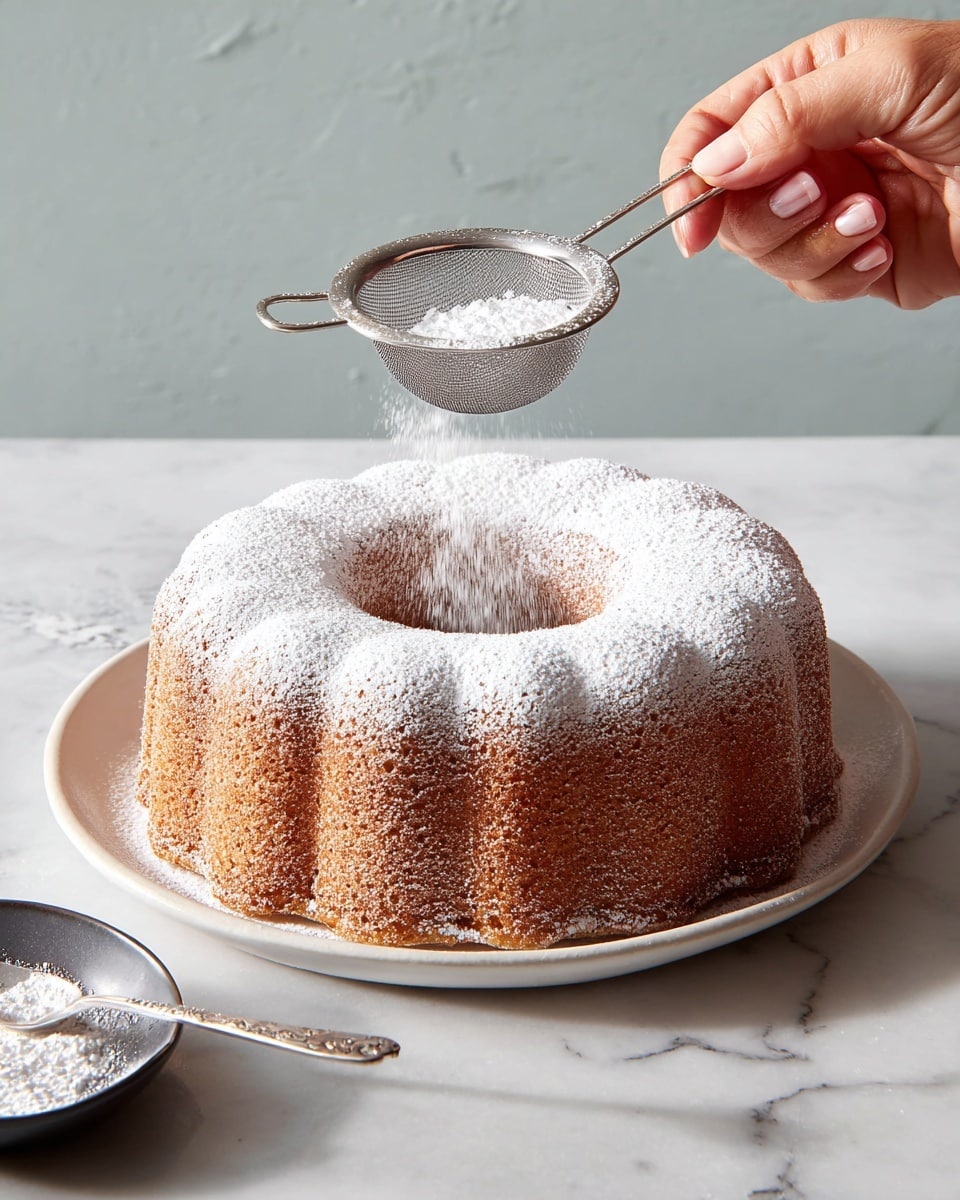 A single round bundt cake with a light brown, textured outer layer sits on a white plate. The cake has a hole in the middle and is being dusted on top with white powdered sugar using a small metal sieve held by a woman's hand. Some powdered sugar has also fallen on the white marbled surface around the plate, which holds a dark dish with extra powdered sugar. The overall look is clean and simple with soft natural lighting. photo taken with an iphone --ar 4:5 --v 7