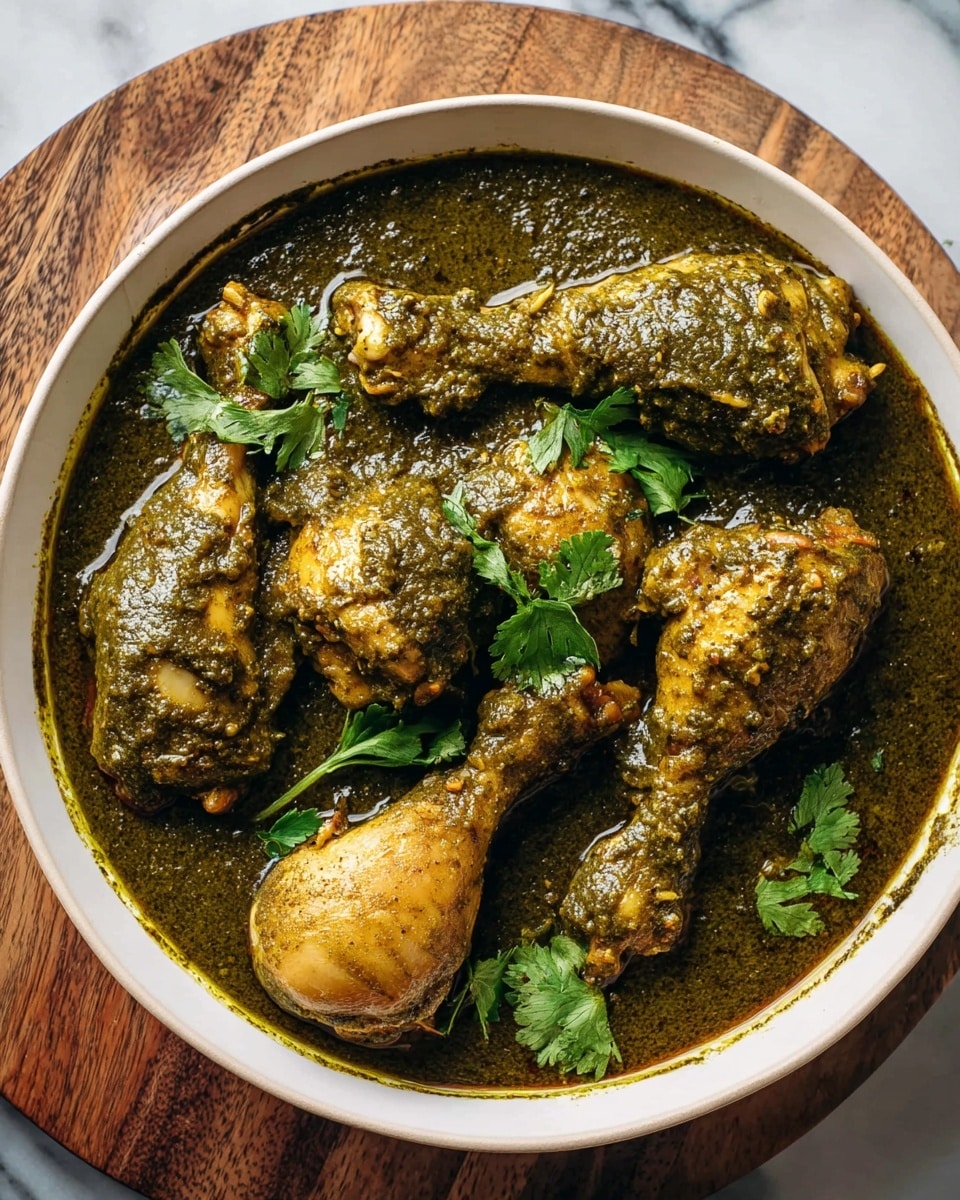 A white shallow bowl filled with a dark green curry sauce with a thick, slightly coarse texture, covering six chicken drumsticks and thighs that have a golden-brown skin visible under the sauce. Bright green cilantro leaves are sprinkled on top, adding a fresh contrast to the rich green curry. The bowl sits on a round wooden board, all set on a white marbled surface. photo taken with an iphone --ar 4:5 --v 7