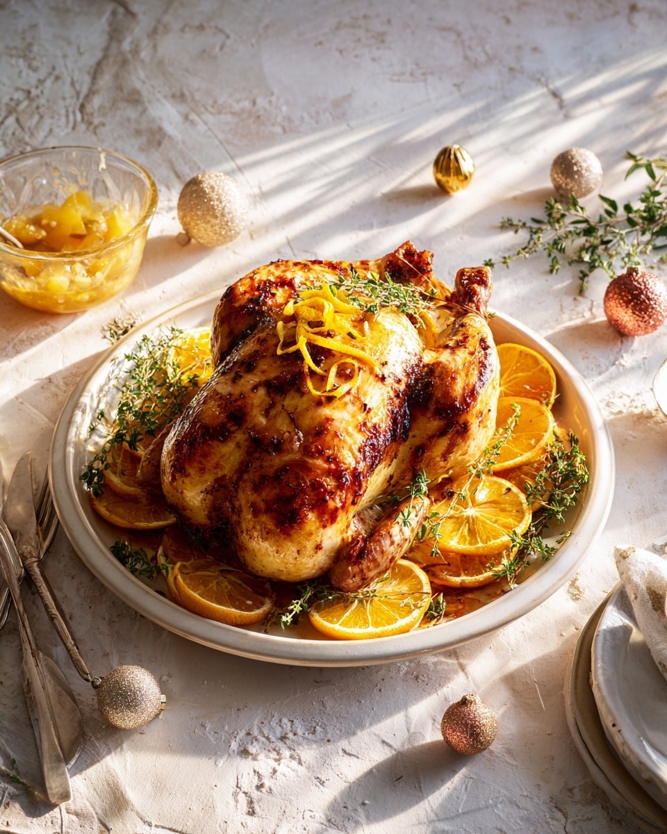 A whole roasted chicken with a shiny, golden-brown skin sits centered on a large white platter. Below the chicken is a layer of sliced, roasted orange rounds, bright and slightly caramelized, garnished with sprigs of fresh thyme scattered across. On top of the chicken rests a small pile of thin yellow citrus zest strips and a couple of orange wedges, adding a burst of color and texture. The platter and food are set on a white marbled textured surface with soft natural light casting gentle shadows around. Nearby are a glass bowl filled with an orange sauce and chopped fruit, a silver spoon and fork crossed next to the platter, and some small shiny golden and copper Christmas ornaments adding a festive feel. Photo taken with an iphone --ar 4:5 --v 7