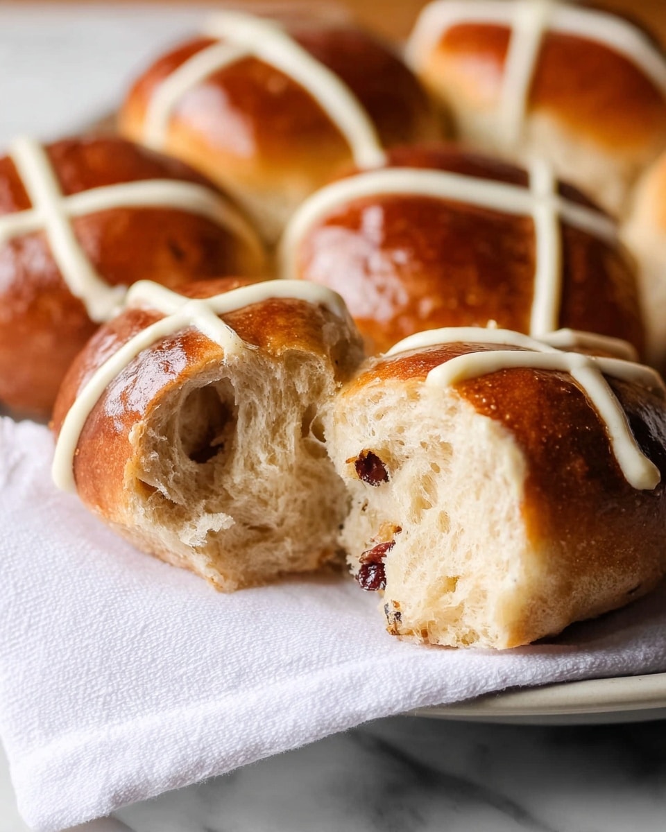 The image shows a close-up of soft hot cross buns with a golden-brown crust and a light, airy inside with small bits of dried fruit visible. Each bun has a white cross made of icing or dough on top, crossing from edge to edge. One bun in the foreground is split open to reveal its fluffy texture, placed on a white cloth inside a white plate. The background is a white marbled texture with more buns slightly out of focus, emphasizing the warm tones and soft texture of the bread. photo taken with an iphone --ar 4:5 --v 7