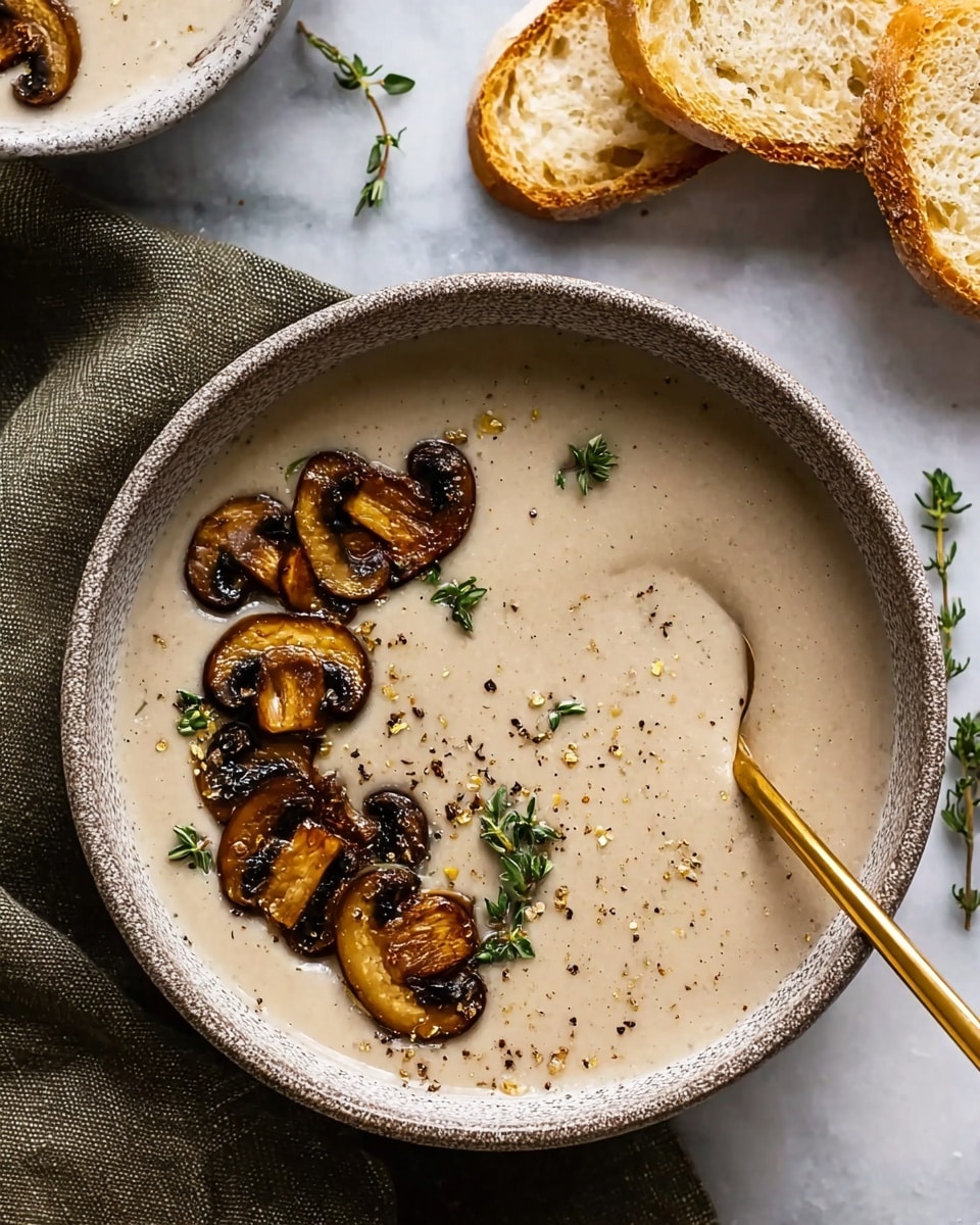 A bowl with smooth, light beige creamy soup fills the base layer, topped with a line of golden-brown sautéed mushroom slices with a glossy texture in the center, sprinkled with small fresh green thyme leaves and dark pepper bits. A gold spoon rests inside the bowl on the right side, partially touching the soup. The bowl is set on a dark olive-green cloth on a white marbled surface, with two slices of light brown crusty bread placed nearby at the top right corner. Photo taken with an iphone --ar 4:5 --v 7